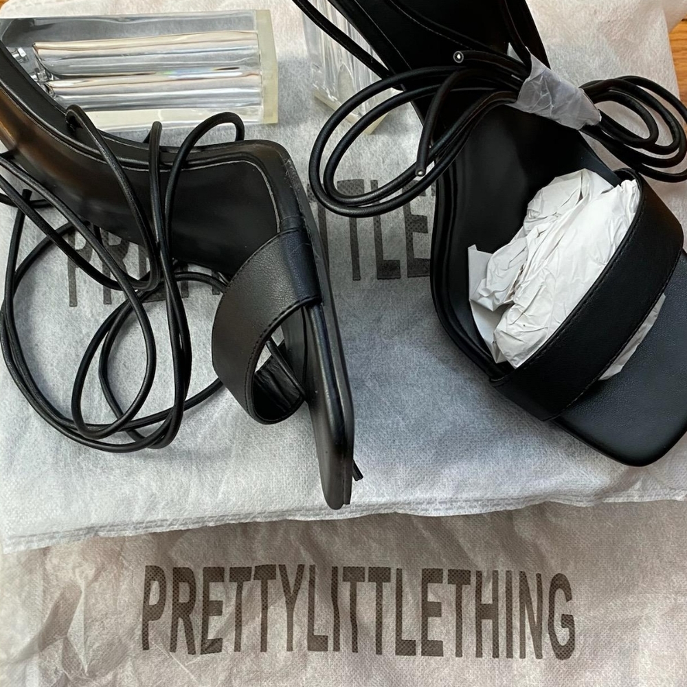 Pretty Little Thing Black Lace Up High Clear Block Heels, Black, US 10 - Picture 4 of 5